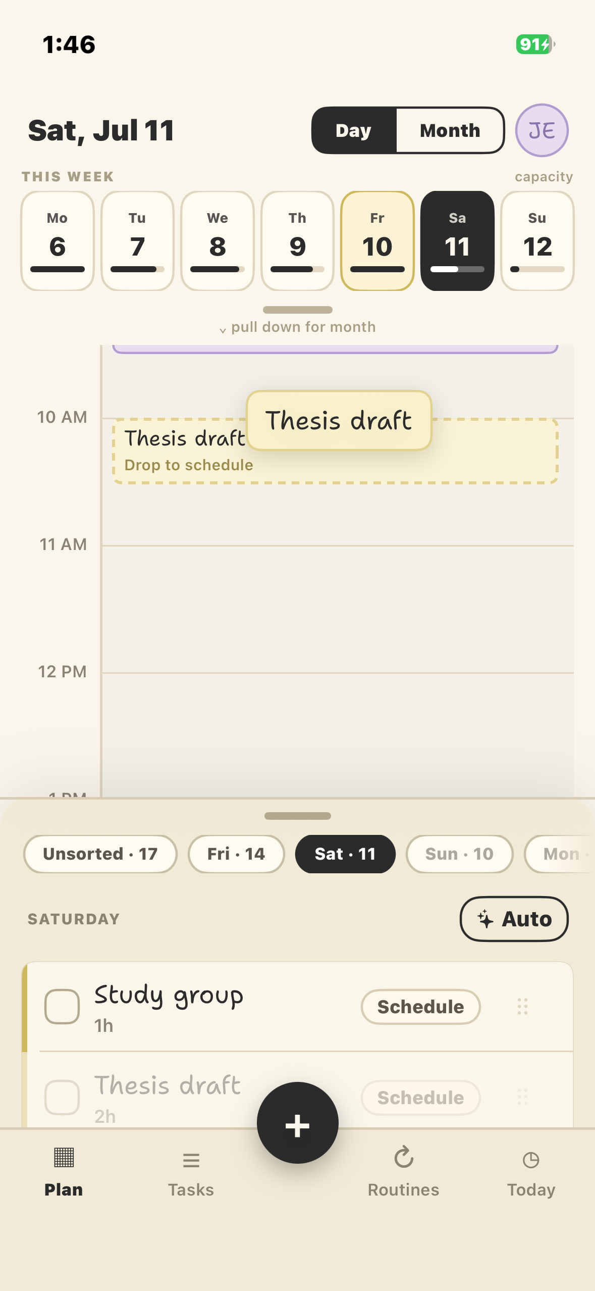 A task mid-drag with a drop-to-schedule ghost between existing blocks