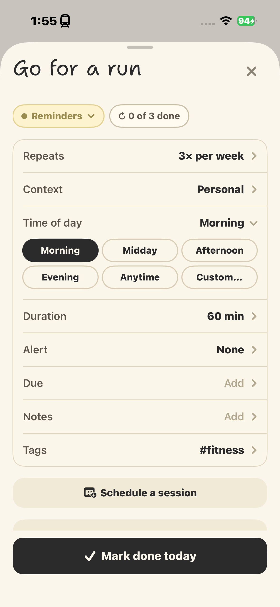 Routines list with weekly progress bars and next-session times