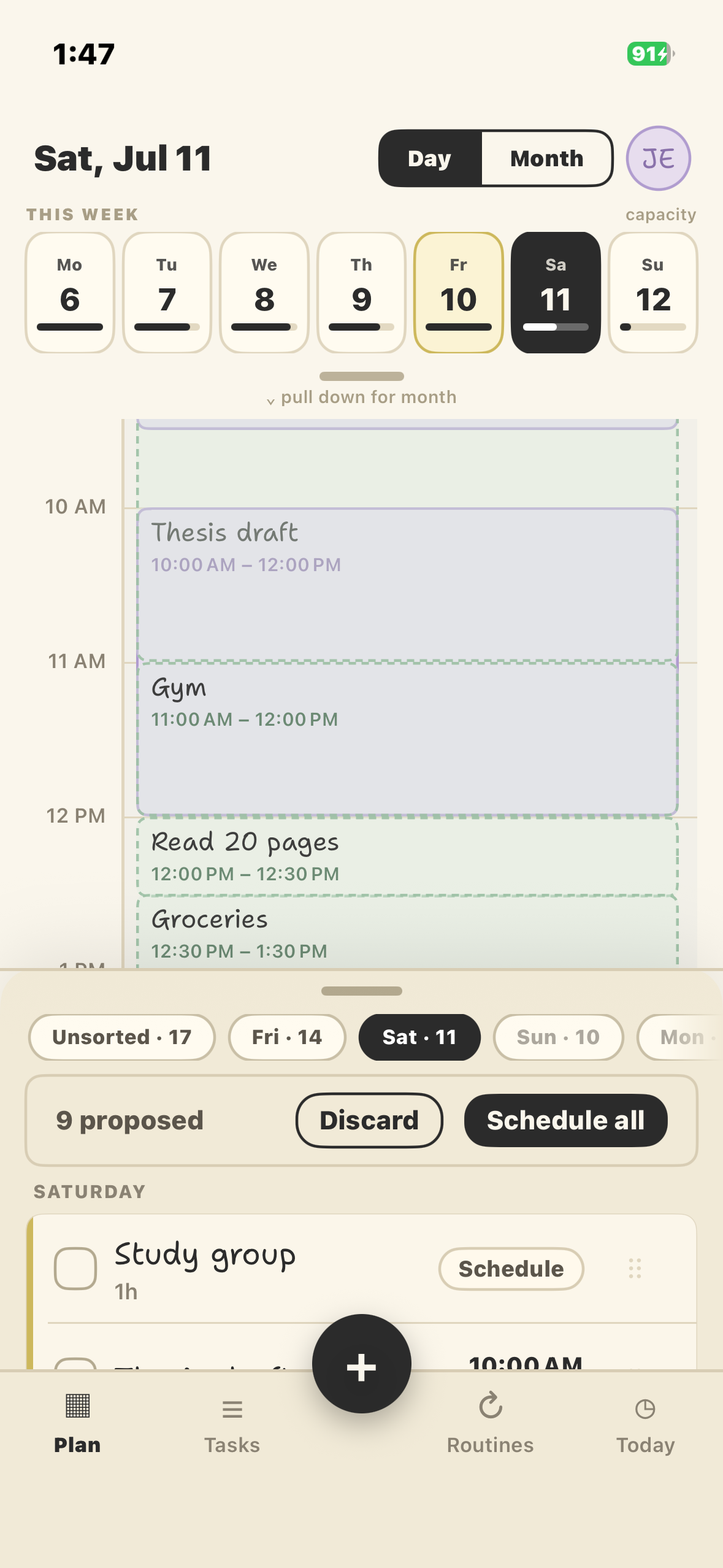 Day view after tapping Auto: proposed blocks placed around a real calendar appointment