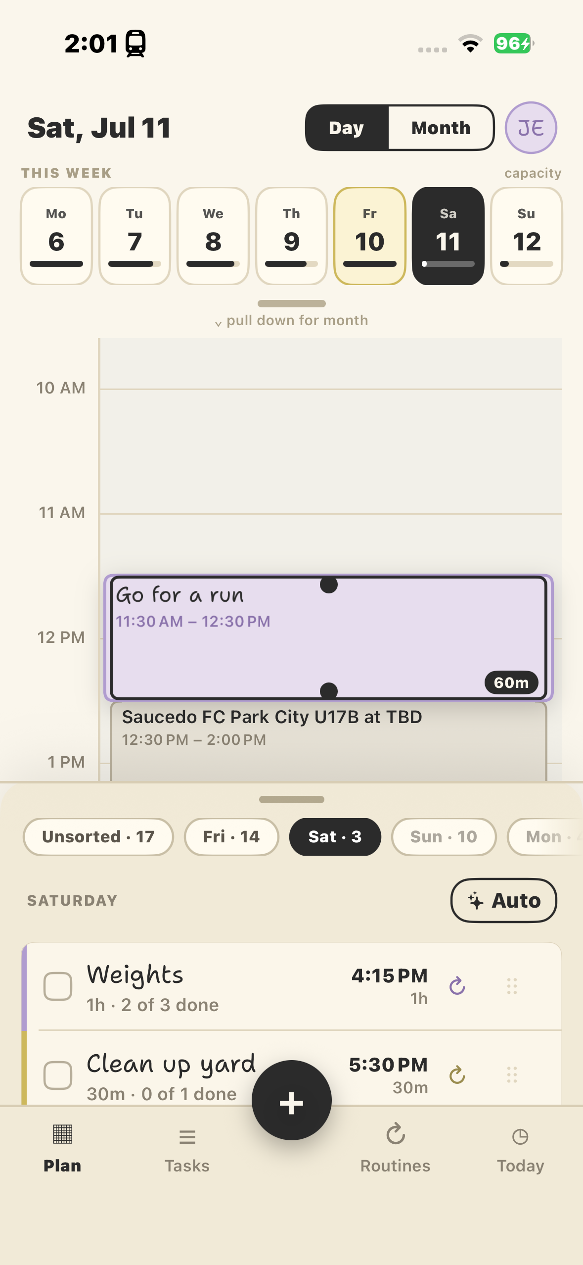 Week Planner showing why each day was chosen or skipped: rest day, morning full, planned