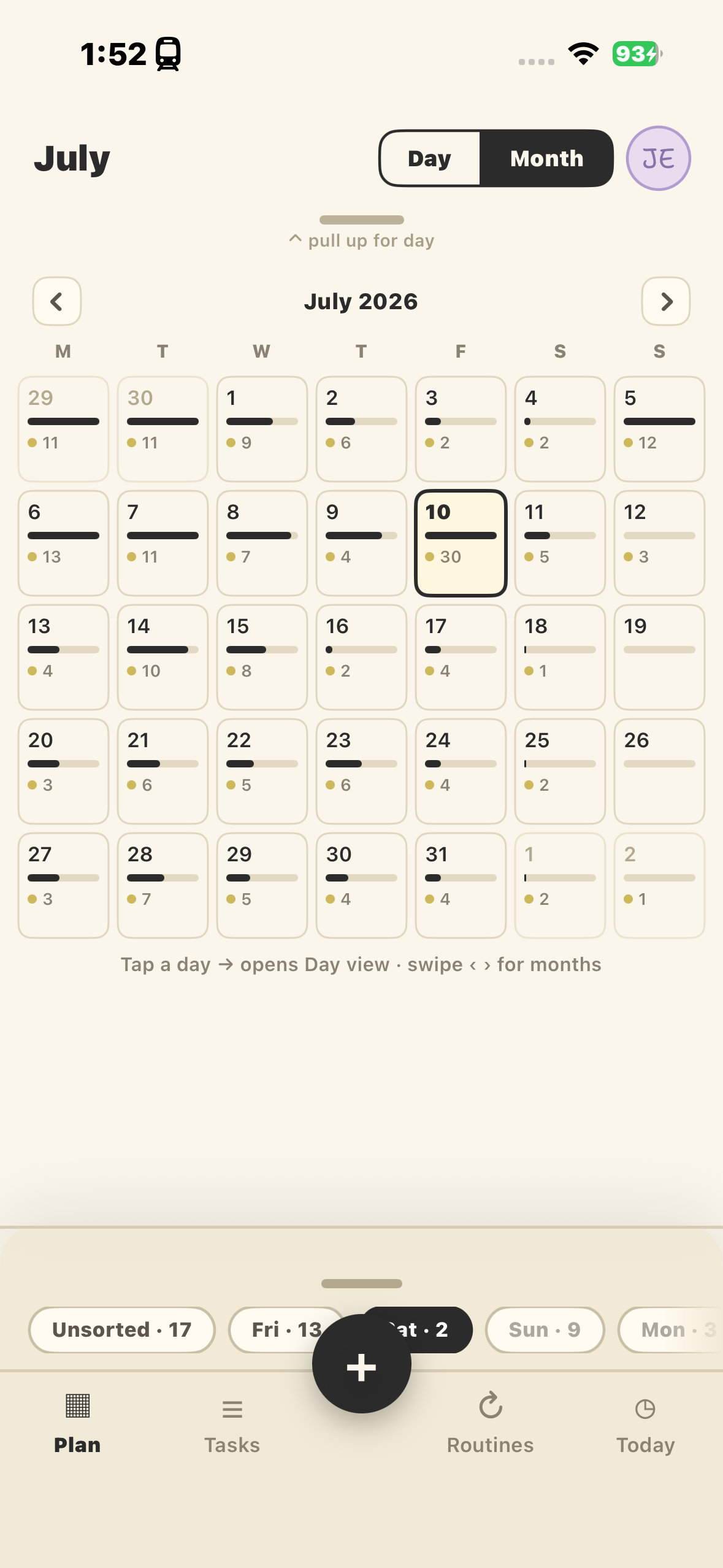 Month view with a workload bar and item count on every day